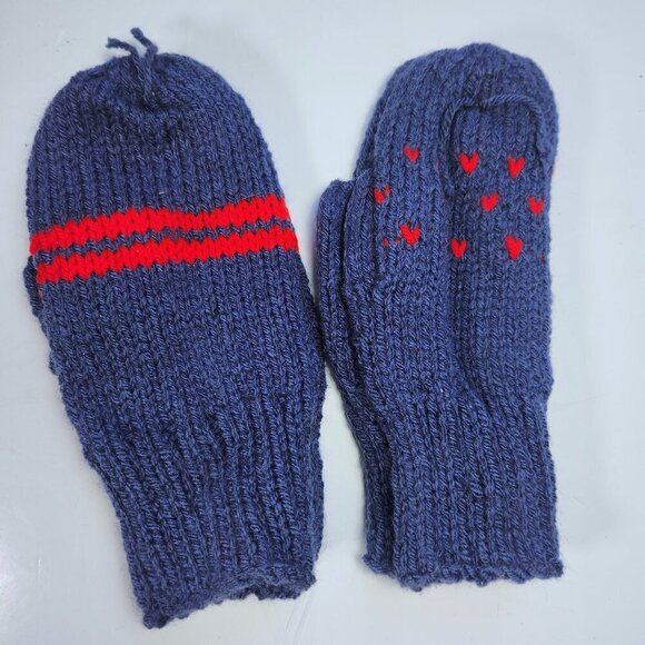 Hand Knit Mittens Lot of 2 Youth Young Adult 8.5" Long Blue with Red - Picture 1 of 7